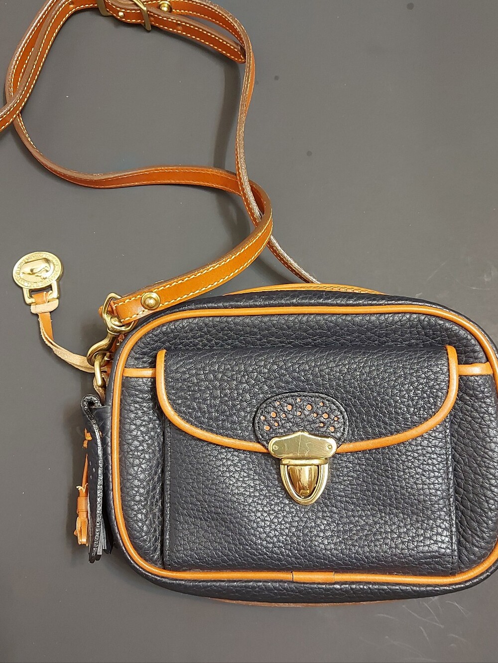 Dooney & Bourke Black Pebbled Leather Crossbody with Tan Trim and Gold Hardware